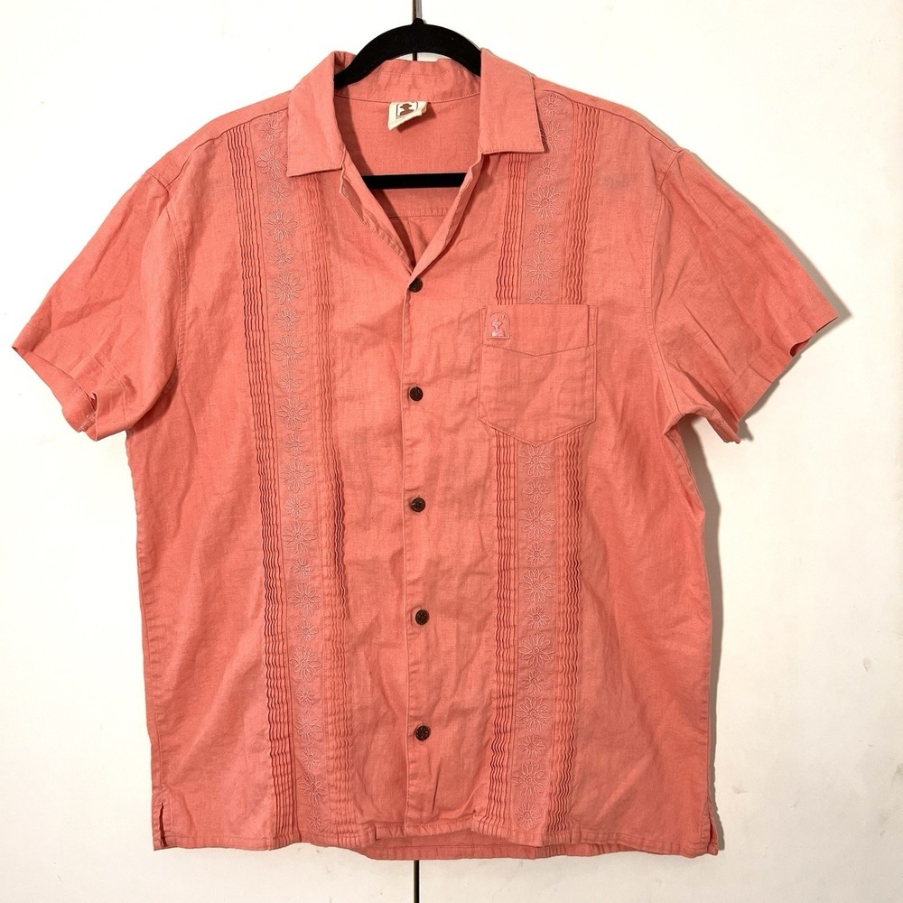 Dandy Del Mar Gaucho Guayabera‎ Shirt Mens L Coral Linen Cotton Short Sleeve